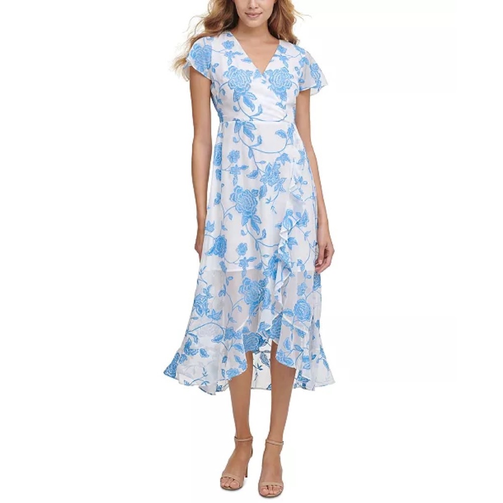kensie Embroidered Midi Dress White Blue